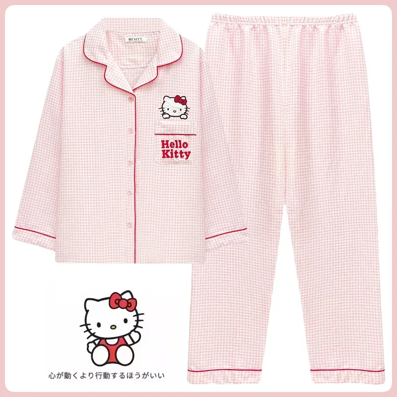 Sanrio new Hello Kitty silk pajamas female cute cartoon comfortable pure cotton woven cardigan home women\'s pajamas set