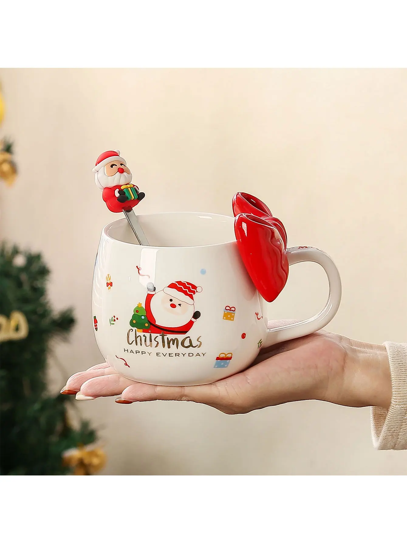 1 szt. Świąteczny Kubek z Kokardą Wielokrotnego Użytku, Nadający Się do Prania Kubek na Kawę, Mleko, Idealny na Prezent na Boże Narodzenie, Nowy Rok, Święta, Urodziny, Imprezę