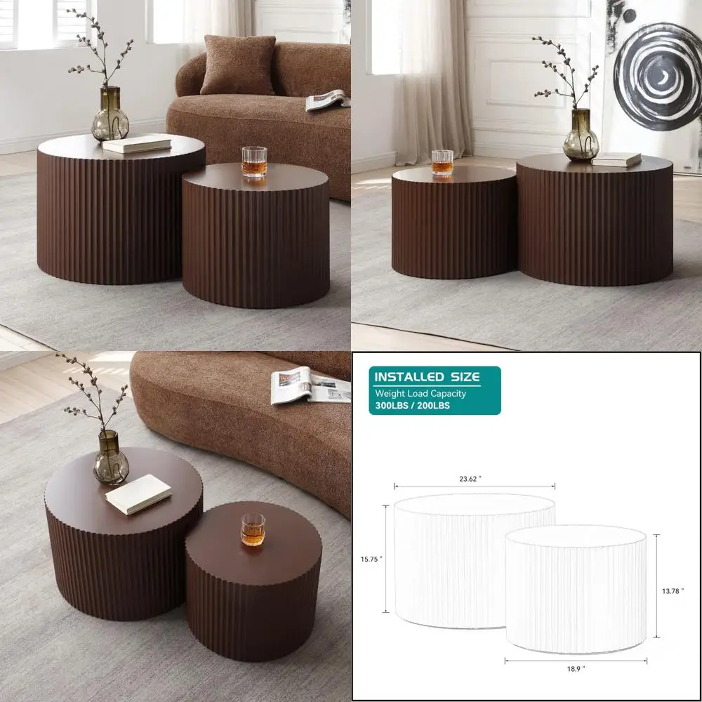 

Modern Brown Round Nesting Coffee Table Set of 2 for Living Room - Contemporary Wood Circle Side End Tables