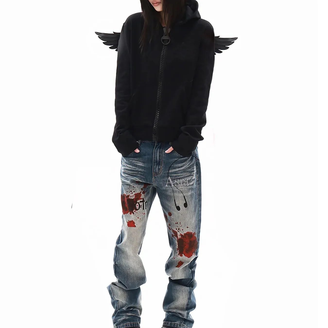 Autumn and winter new color blocking fashion personalized wing crown embroidery hooded simple zipper jacket