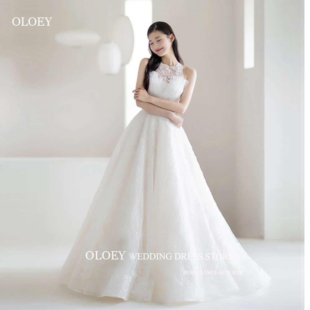 OLOEY Elegant A Line Lace Korea Wedding Dresses For Photo shoot Jewel Neck Floor Length Bridal Gowns Princess Vintage Bride