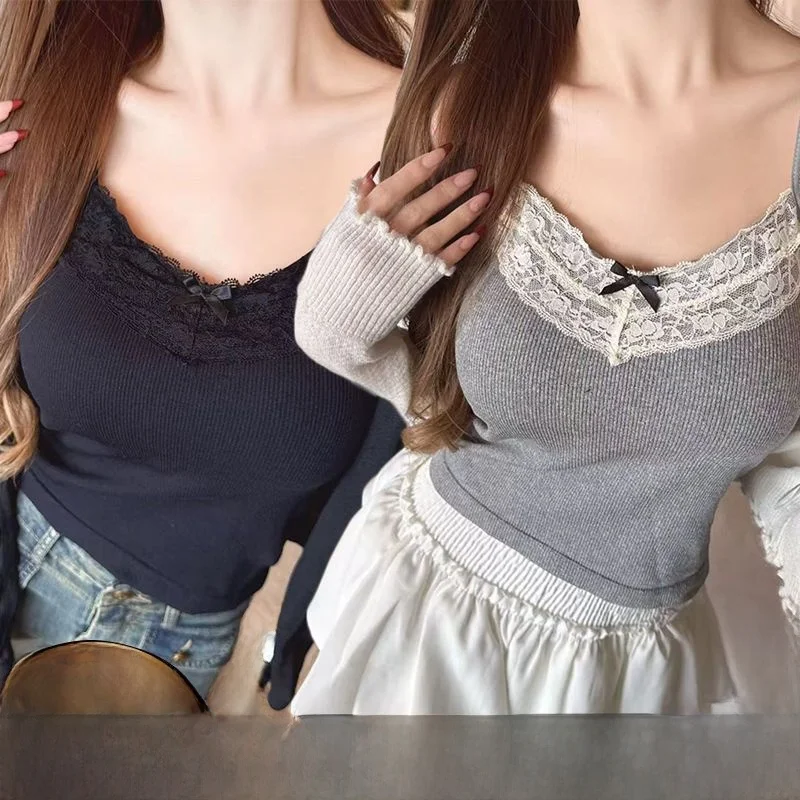Pure Desire Lace Crop Top Women's Summer New Style Cover Side Breast Sexy Shirt Thin Design Two-Piece Set plus Size