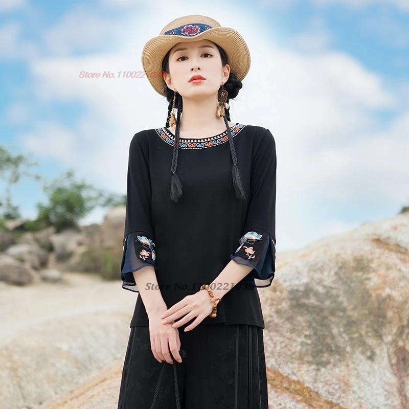 

2025 chinese traditional t-shirt national flower embroidery o-neck loose shirt retro vintage base shirt improved hanfu tops