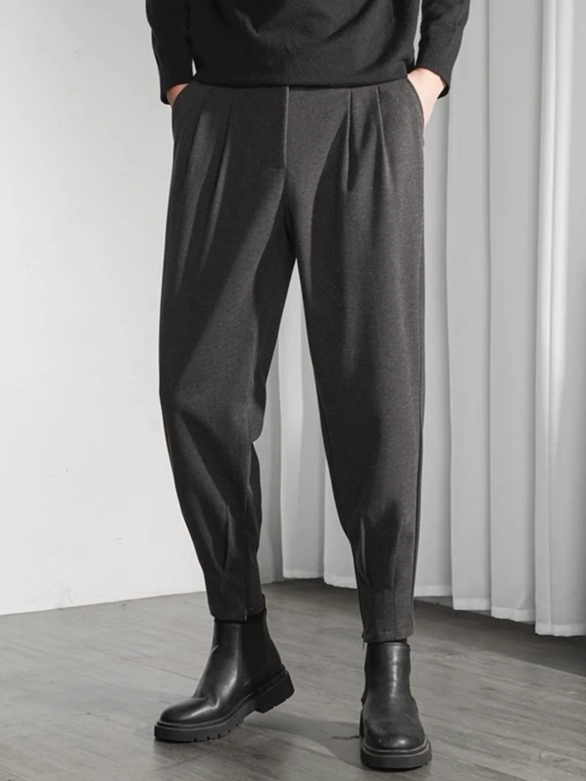 

Men's Woolen Trousers Harlan Loose Fit Casual Pants British Style Fashion Brand Autumn Winter Loose Leggings Zipper Cuffs