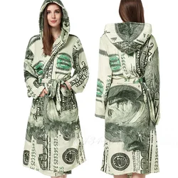 Funny Flannel Women Robe Sleepwear Autumn Winter Hooded Kimono Bathrobe Nightgown Loose Coral Fleece Print Sleepwear Home Wear