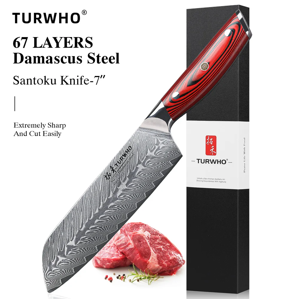 

TURWHO 7" Japanese Santoku Knife Damascus Steel Sharp Blade Chef Cleaver Beef Vegetable Professional Knife Kitchen Cooking Tools