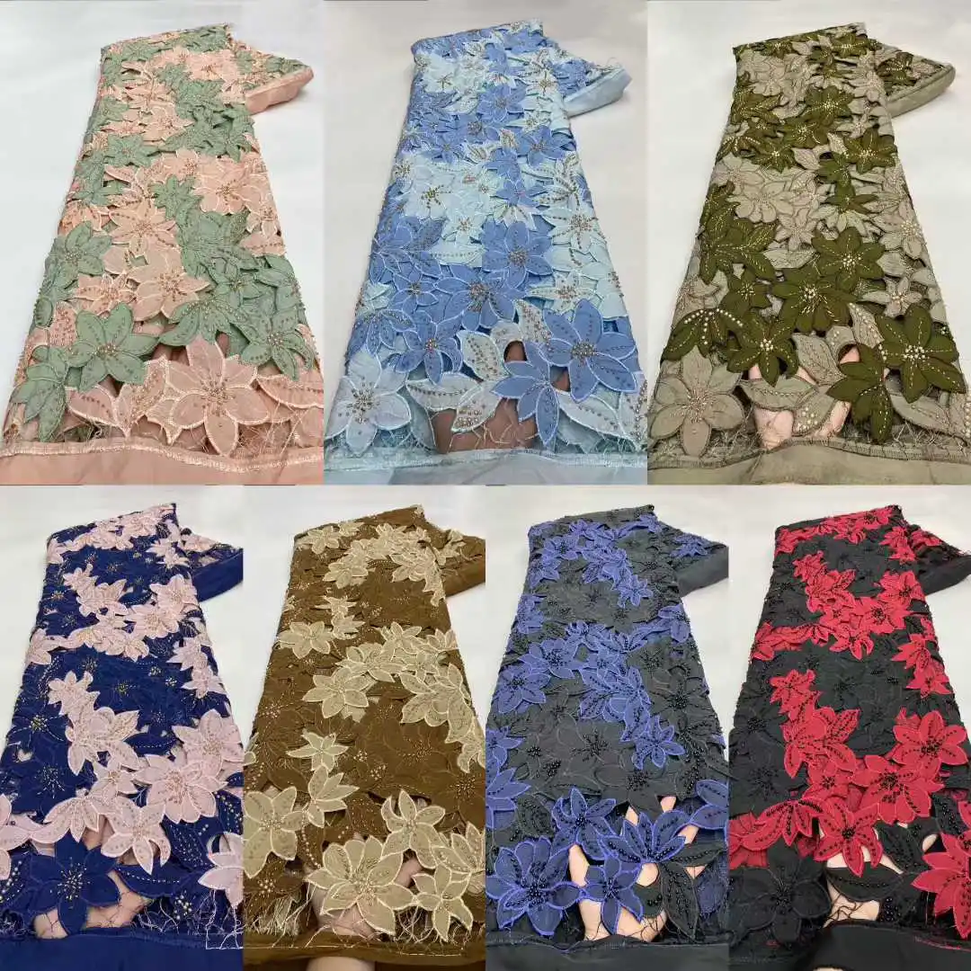 새로운 나이지리아산 고품질 튤 레이스 원단, 비즈와 스팽글 장식, 2026 아프리카 메쉬 네트 드레스 제작용, 5야드