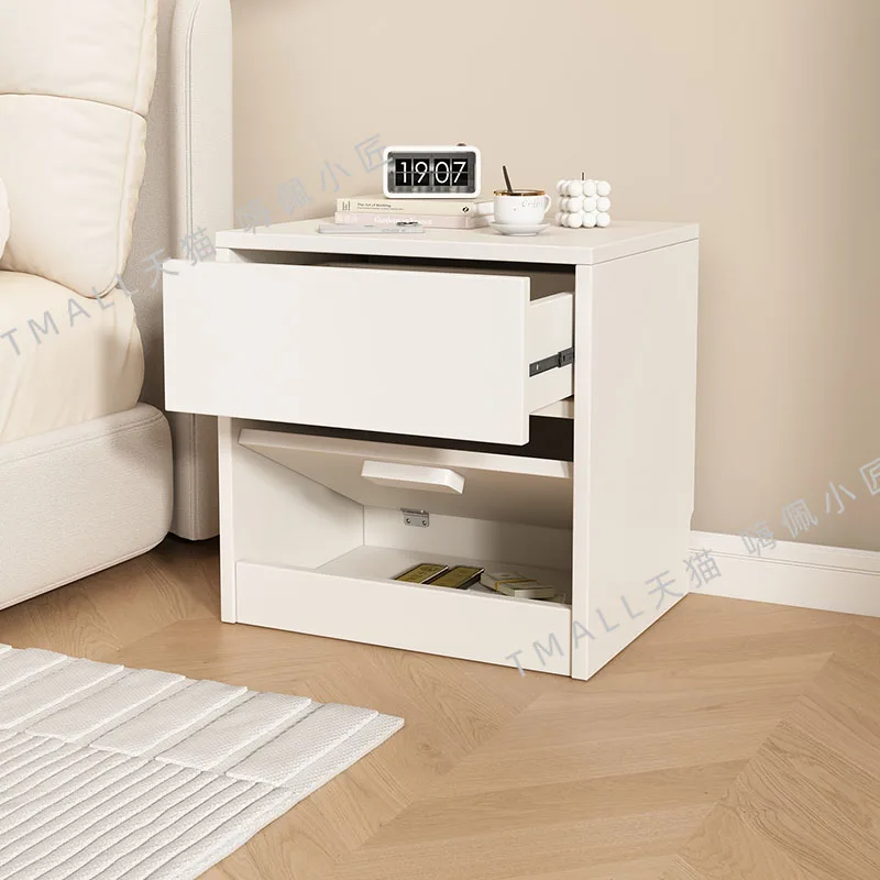 طاولة بجانب السرير خزانة داكنة إسكندنافية من الخشب الصلب مضادة للسرقة وخزانة مخفية متعددة الوظائف وأثاث منزلي لغرفة النوم باللون الأبيض الدافئ #4