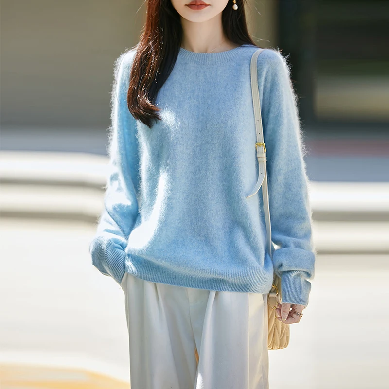 Autumn Winter Fashion Brushed Wool Sweater 100% Wool Knit Pullover Women Solid Luxury Soft O-neck Seamless Large Size Shirt