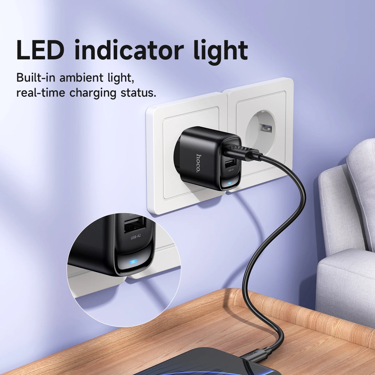 HOCO المزدوج USB A محول شحن الهاتف لسامسونج A51 A71 الاتحاد الأوروبي التوصيل الجدار شاحن السفر مع ضوء مؤشر LED للساعة الذكية #3