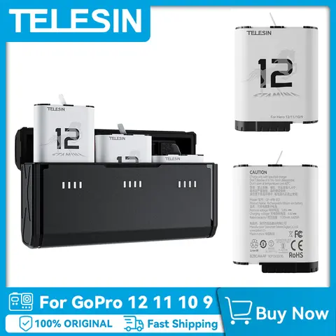 TELESIN Endurence Battery For GoPro Hero 12 11 10 9 1720mAh Battery 3 Slots TF Card Battery Storage Charger Box For Gopro 12