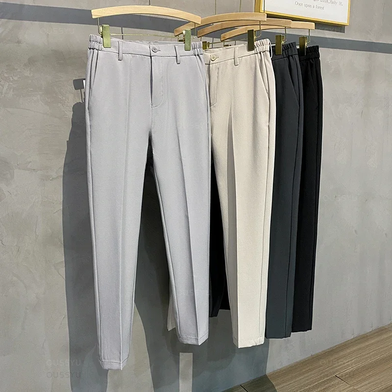 Solid Color Tapered Cropped Trousers for Men, British Style Wrinkle Free Slim Fit Small Leg Pants, Side Waist Elastic Casual Pan