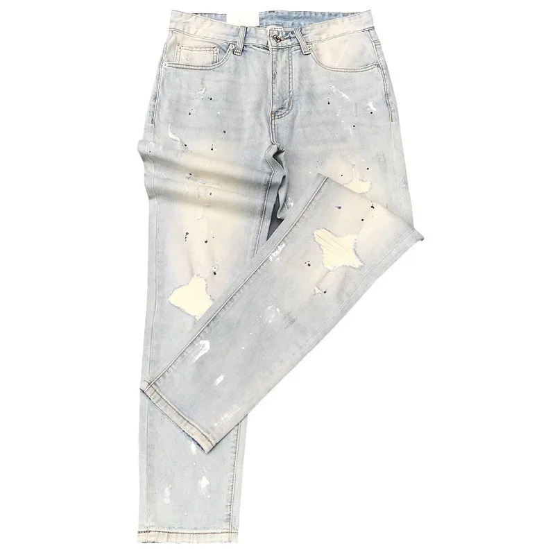 Street Fashion Designer Men Jeans Retro Washed Light Blue Stretch Slim Fit Ripped Jeans Men Painted Vintage Denim Pants Hombre