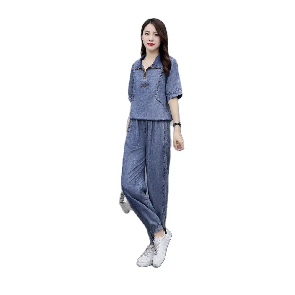 

2023 New Korean Version Summer Casual Fashion Denim Suit Women's Loose Two-Piece Short-sleeved Top+Jeans Female Streetwear Sets