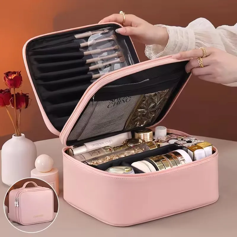 Multi-functional Cosmetic Bag Large-capacity Makeup Bag PU Double-layer Portable Travel Toiletry Pouch Women Makeup Storage Bag