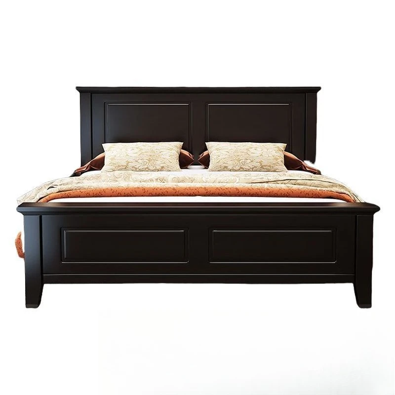 

American retro rubber wood solid wood bed master bedroom modern simple double bed black full tenon and mortise storage bed