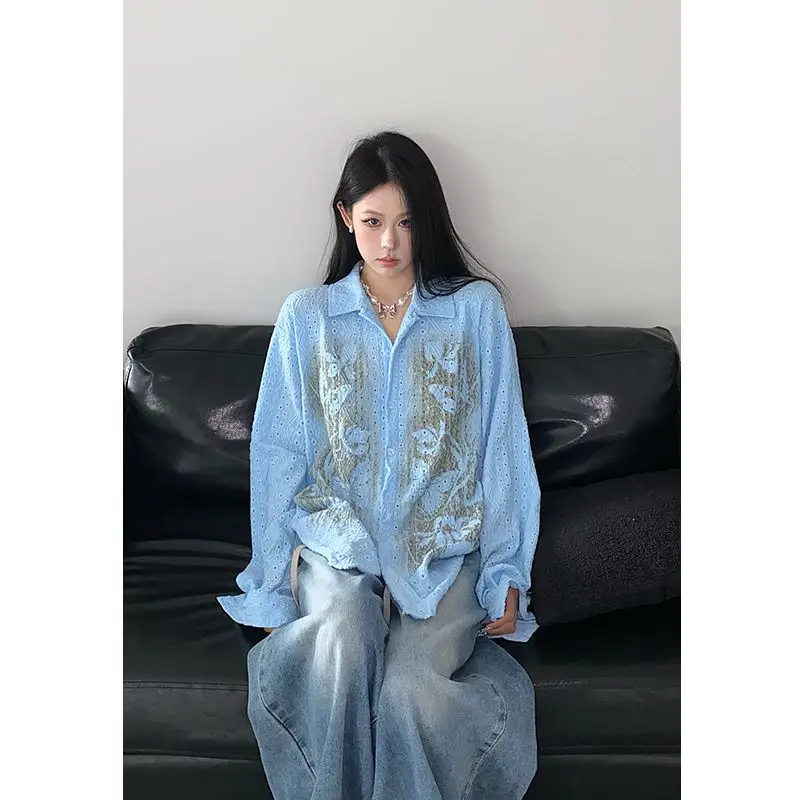 

Oversized Women Clothing Vintage Bufferfly Printing Hollow Out Shirts Female Korean Fashion Long Sleeve Autumn Sunscreen Shirt