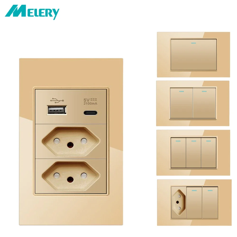 Melery Brazil Wall Socket 20A USB Tomada Typ C Power Plug Pressure Switch Tempered Gold Glass Panel Jack Outlet Home Office