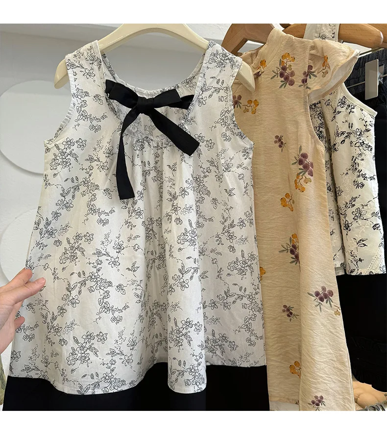 Dress Girls Forest Ink Wash Fragmented Flowers Color Blocking Sleeveless Long Baby Fashion Vest Skirt Casual 2024 Pleated