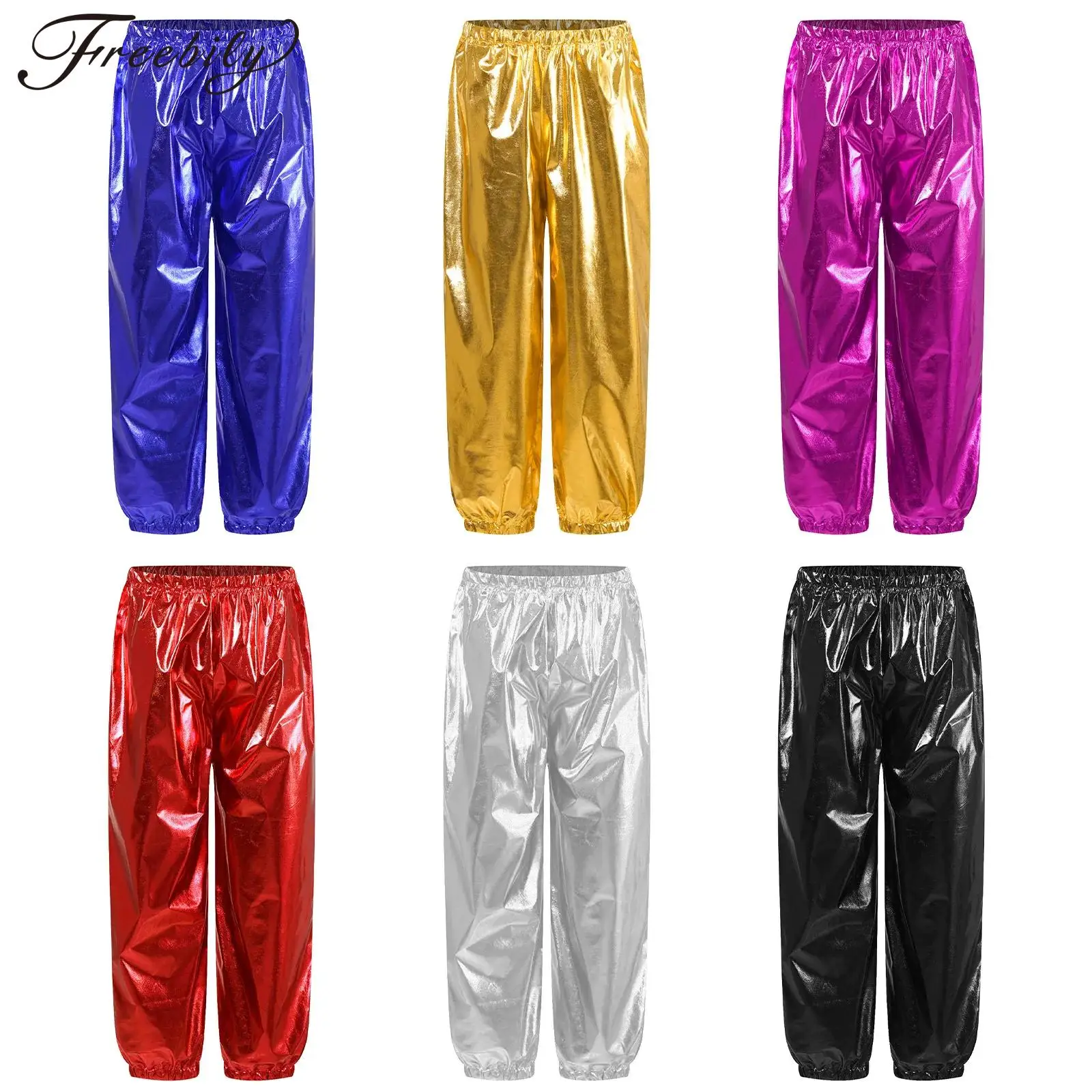 

Kids Girls Boys Shiny Metallic Harem Pants Glossy Trousers Hip Hop Jazz Street Dancewear for Modern Stage Performance Costume