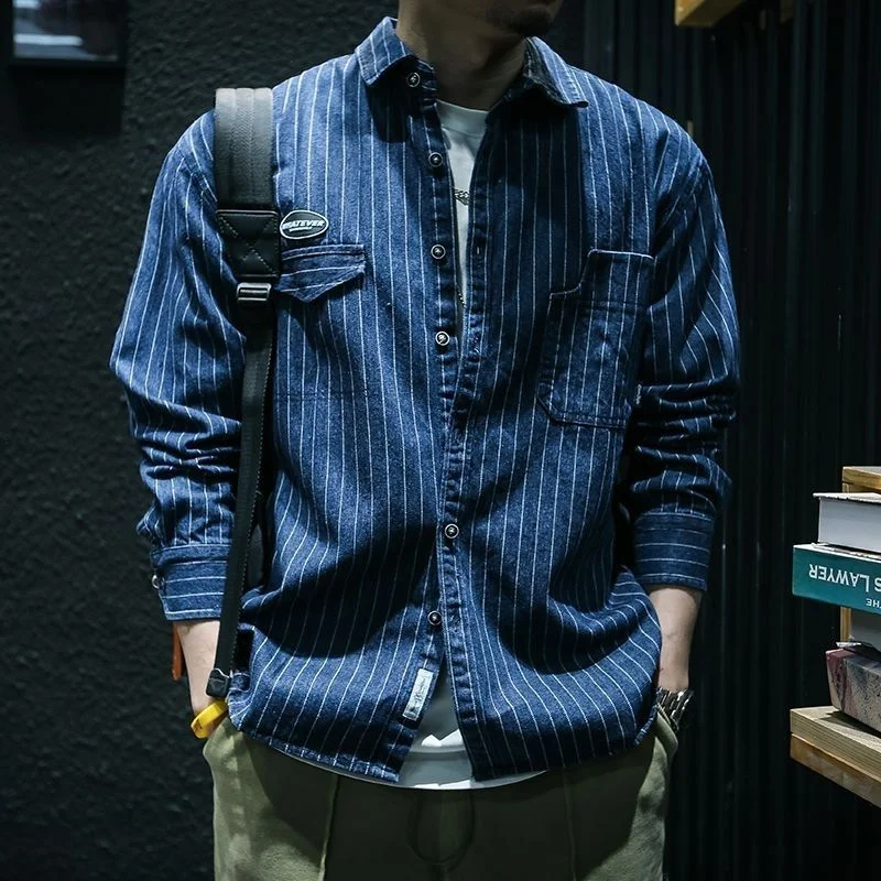 

Spring Men's Denim Striped Long Sleeve Shirt Casual Loose Workwear Jacket