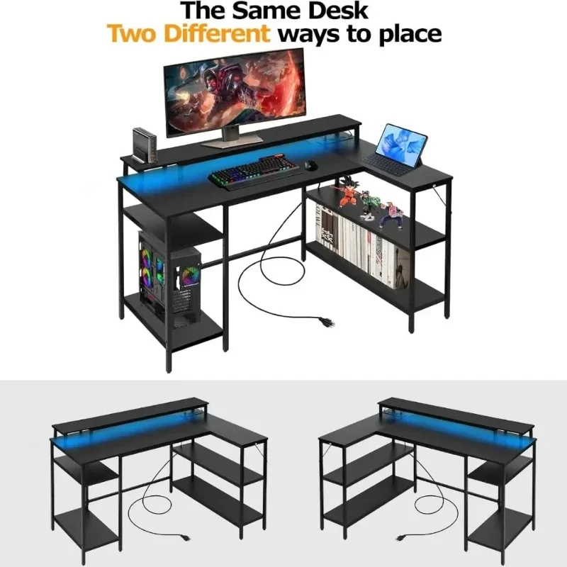 

Computer Desk L Shaped Gaming Desk With LED Lights Power Outlets Reversible Mesa Para Computador Computer Table Pliante