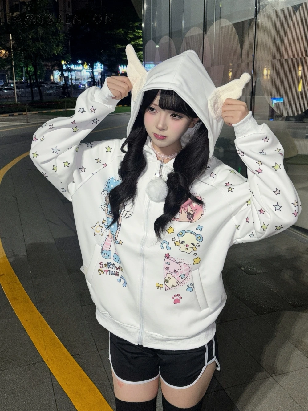 

Japanese Anime Print Cute Girl Zip Up Hoodie College Style Patchwork Color Long Sleeve Oversized Casual Hoodies Women Autumn