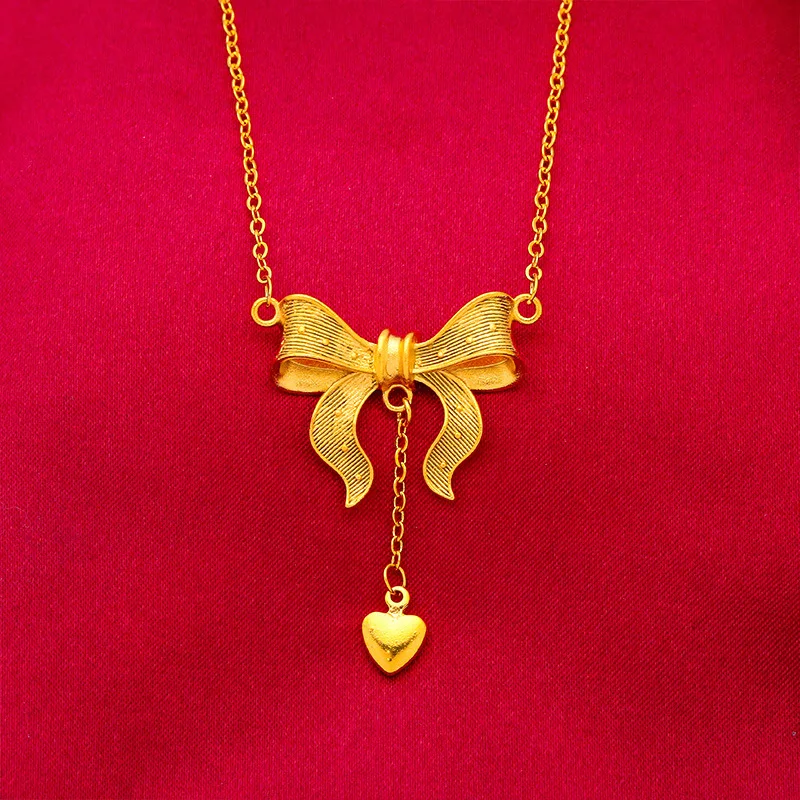 

24K Gold AU999 Heart Tassel Bow Necklace - Women's, 3D Heart + Tassel Bow, Polished Gold-Plating, Luxury Flattering Chic