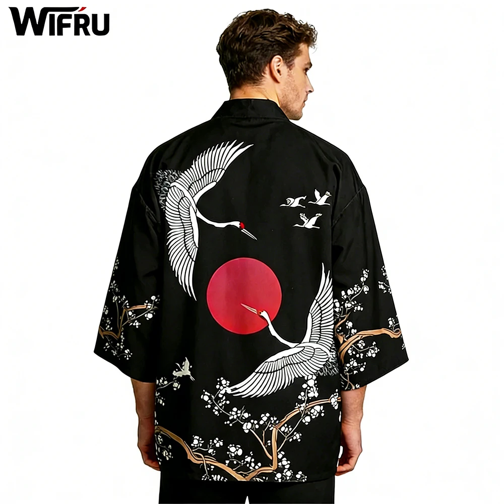 

Cranes And Flowers Print Kimono Men's Women's Harajuku Casual Vacation Beach Cardigan Yukata Japanese Traditional Style Clothing