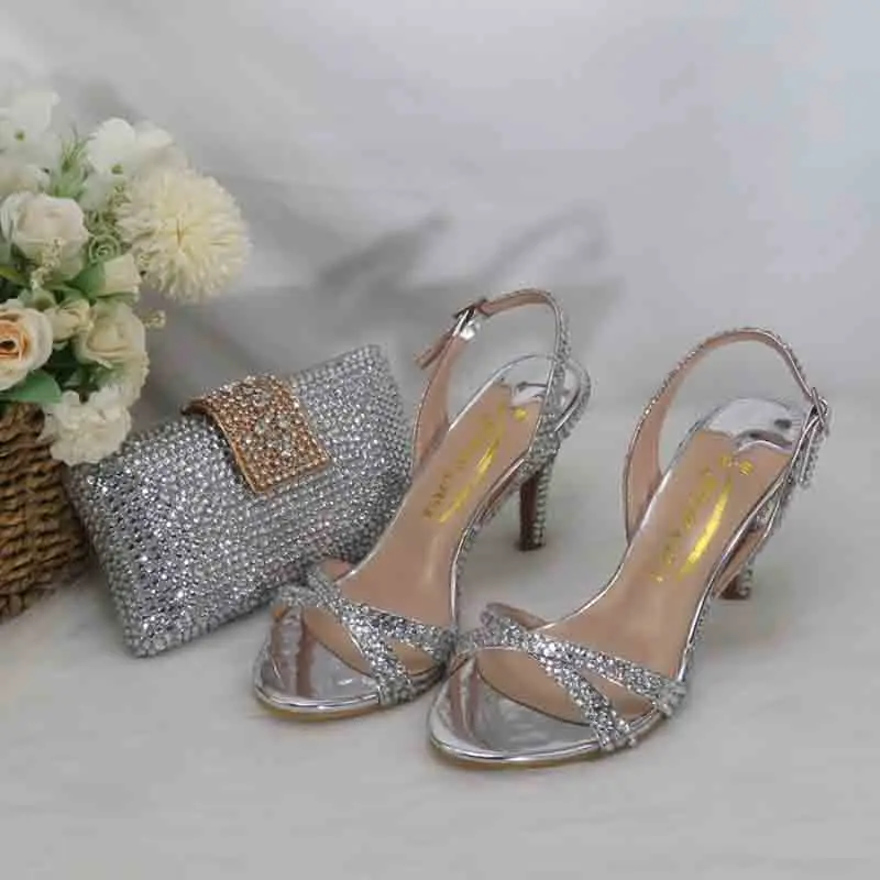 Summer New Arrival Female Sandals Crystal Bridal shoes and bag set woman Fashion Thin Heel Bling Shoes Girls fashion Sandals