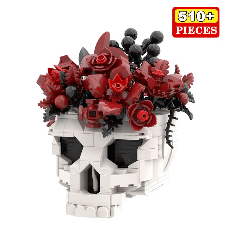 

510PCS MOC Creative Simulation Skull Flower Bouquet Building Blocks Kit Gothic Decor DIY Bricks Novelty Gift for Adult Halloween