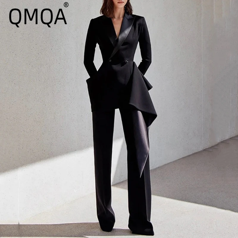 QMQA Fashion Women's 2 Pcs Sets Double Breasted Patchwork Irregular Ruffles Blazer High Waist Pants Sets Office Lady 1A658