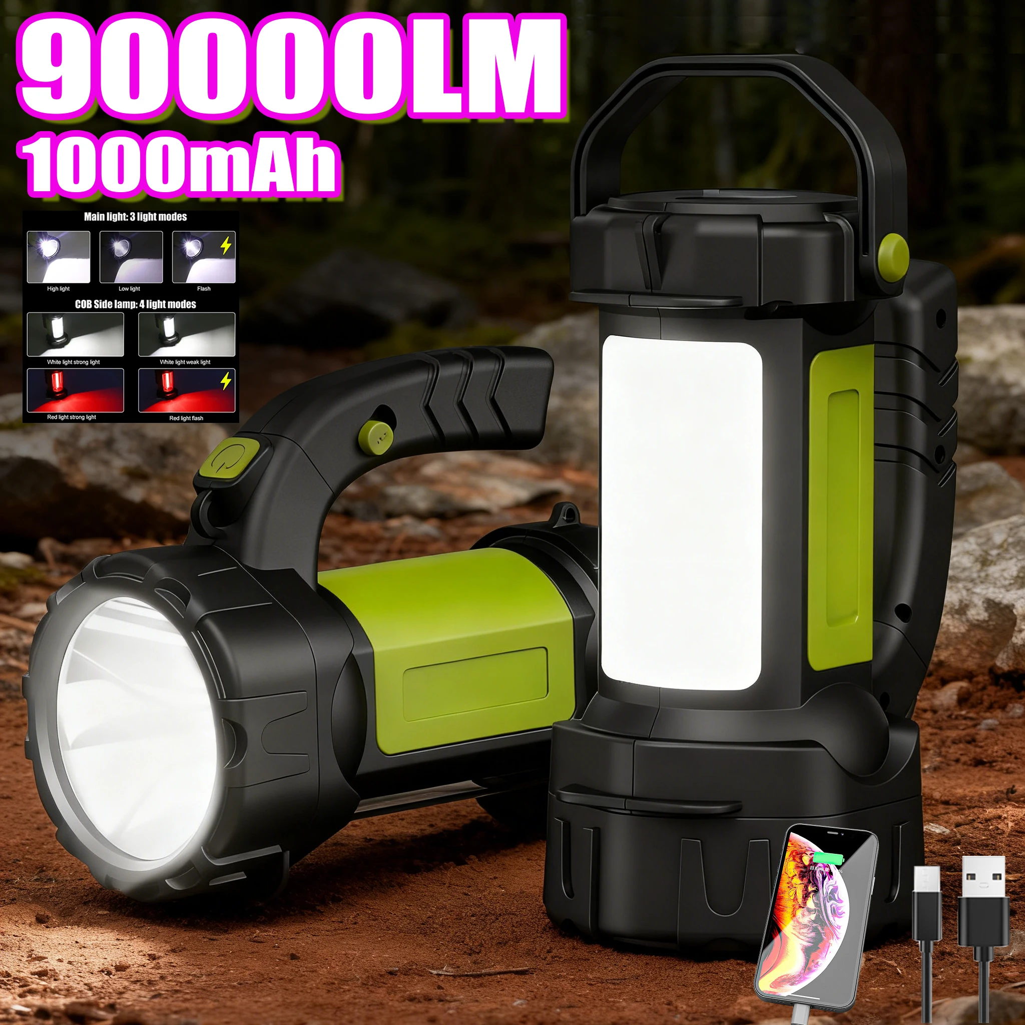 LED+COB Portable Camping Work Light USB Rechargeable Lantern Outdoor Waterproof Searchlight Fishing Spotlight 3600mAh Power Bank