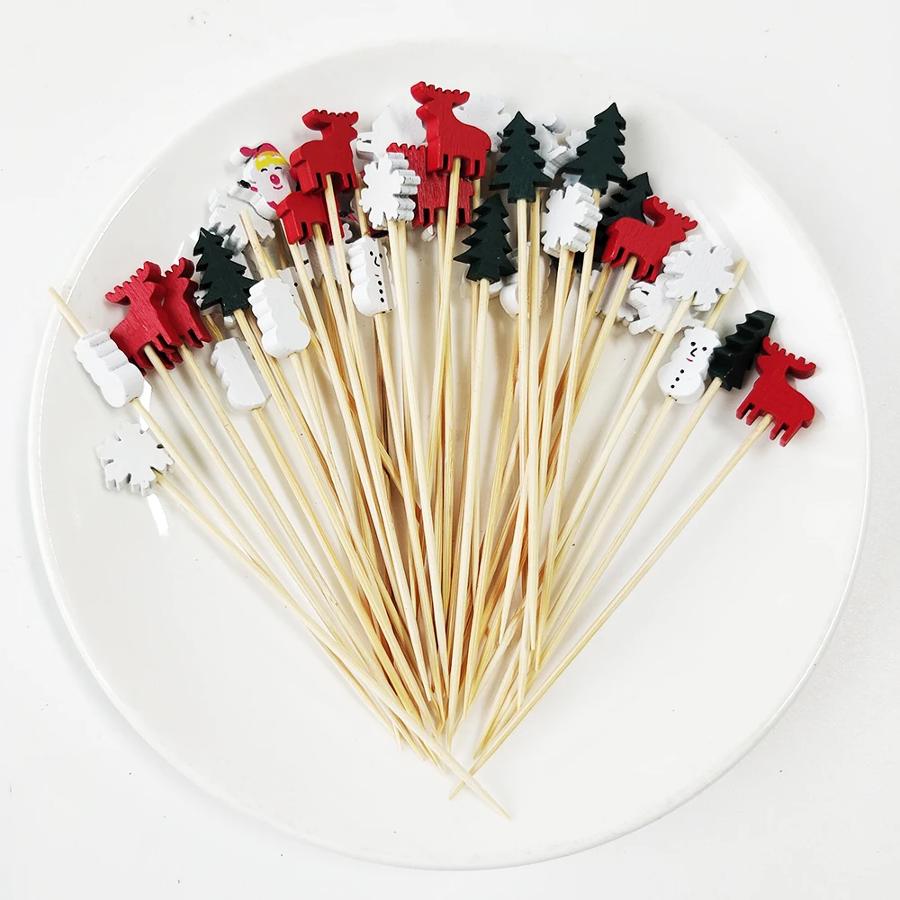 100Pcs Christmas Party Bamboo Skewers Xmax Santa Disposable Cocktail Sticks Buffet Dessert Fruit Fork Christmas Decoration 2023
