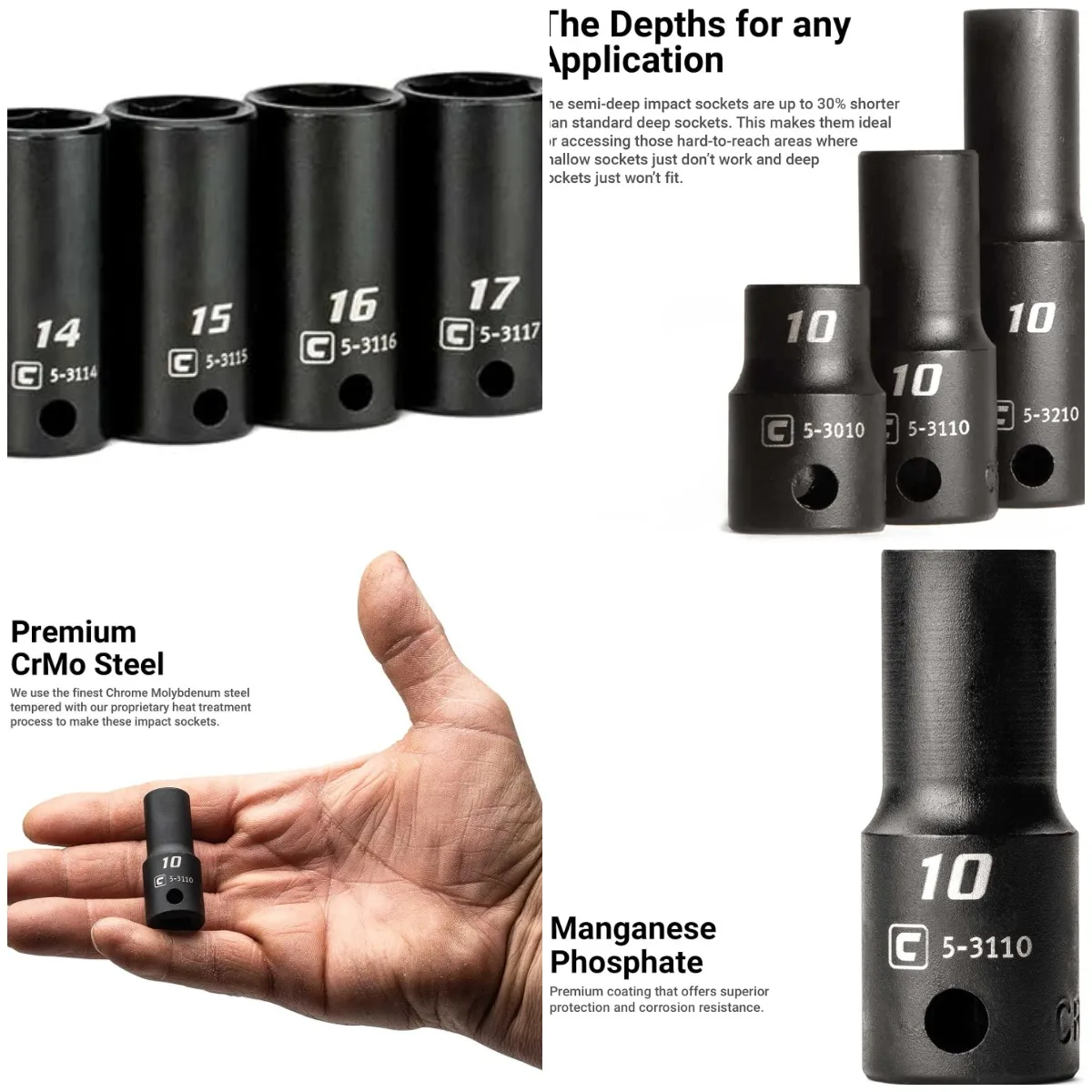 

3/8 дюйма. Набор полуглубоких ударных головок привода, метрические, от 8 до 22 мм, 15 предметов