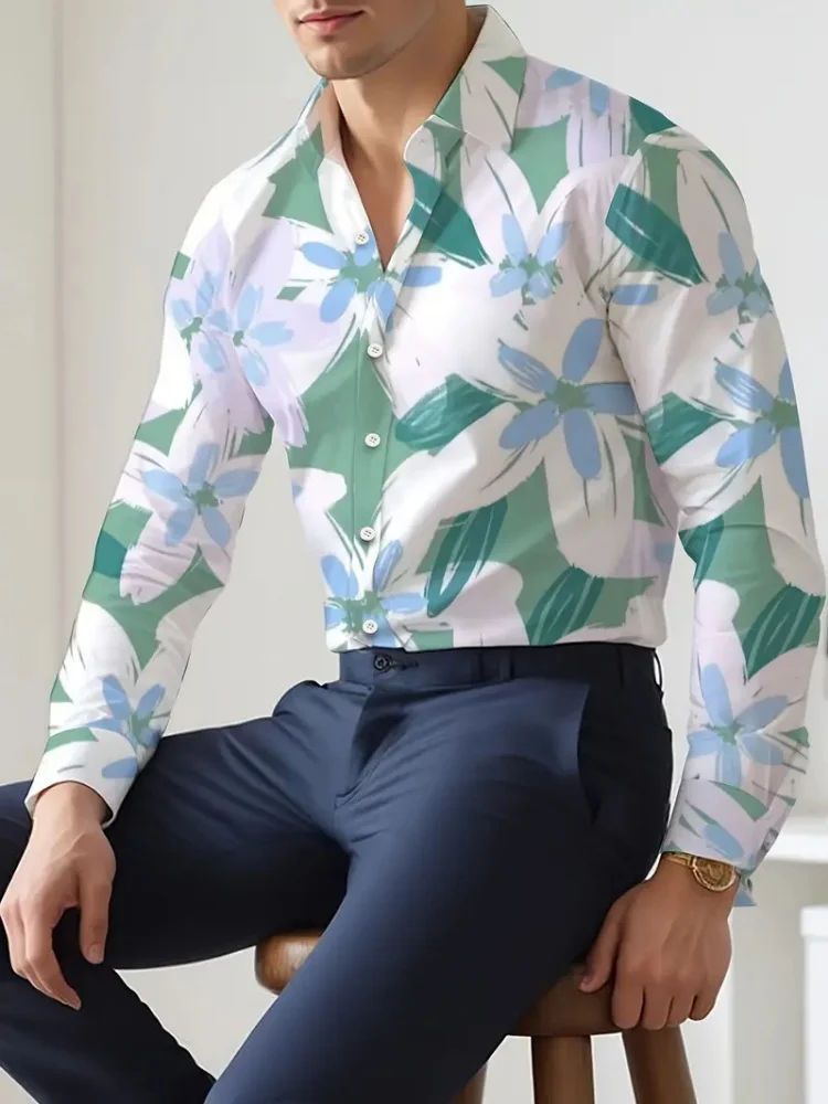 2025 新しいメンズ新しいトレンドシングルブレストシャツフラワープリントカジュアルベーシックコート春夏ビーチスタイルの服