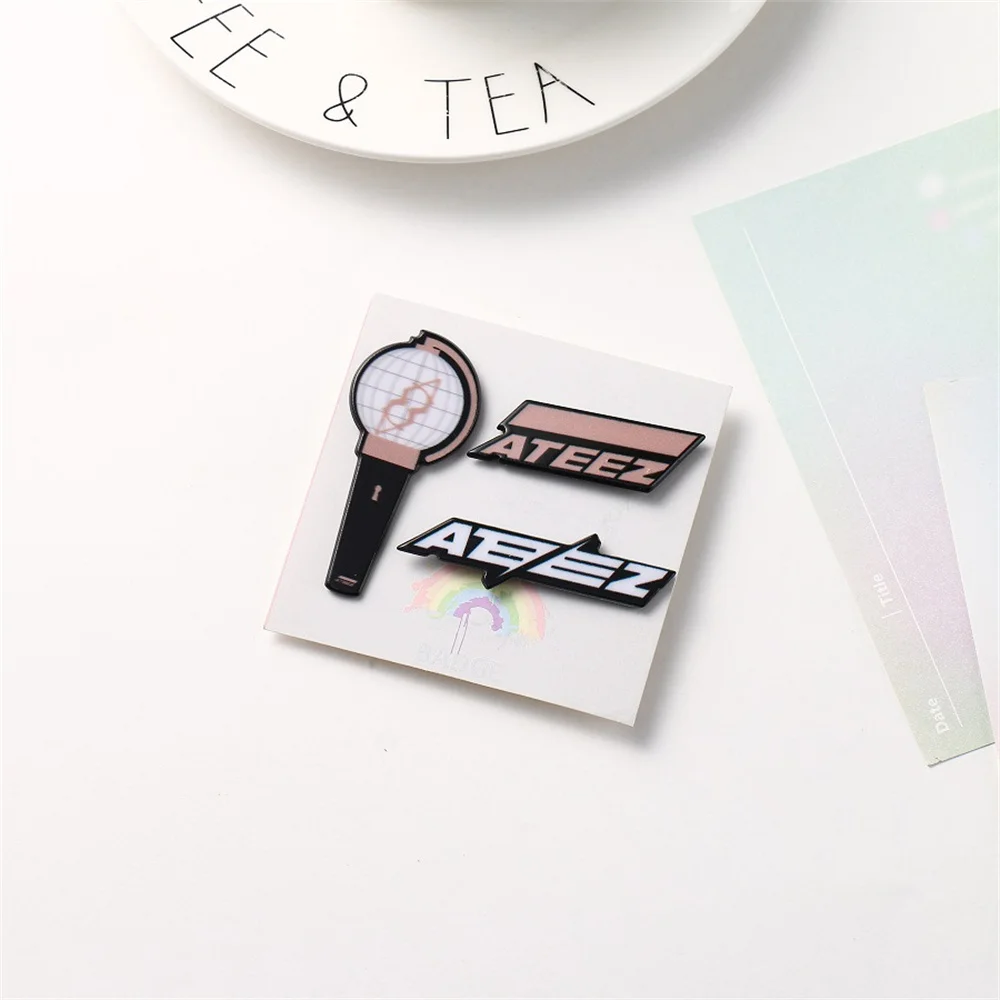 Kpop ATEEZ Brooch Keychain 3pcs/Set Lightstick Pendant Bag Hat Clothes Pins Accessories Key Ring Yeosang Mingi Yunho Fans Gift