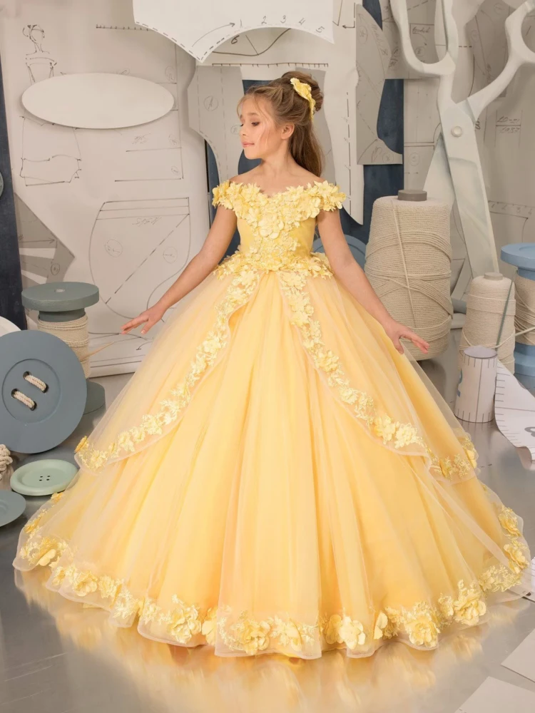 Yellow Flower Girl Dresses For Wedding Appliques Tiered Tulle Pageant Dress Toddler Girls Off The Shoulder Birthday Party Gown