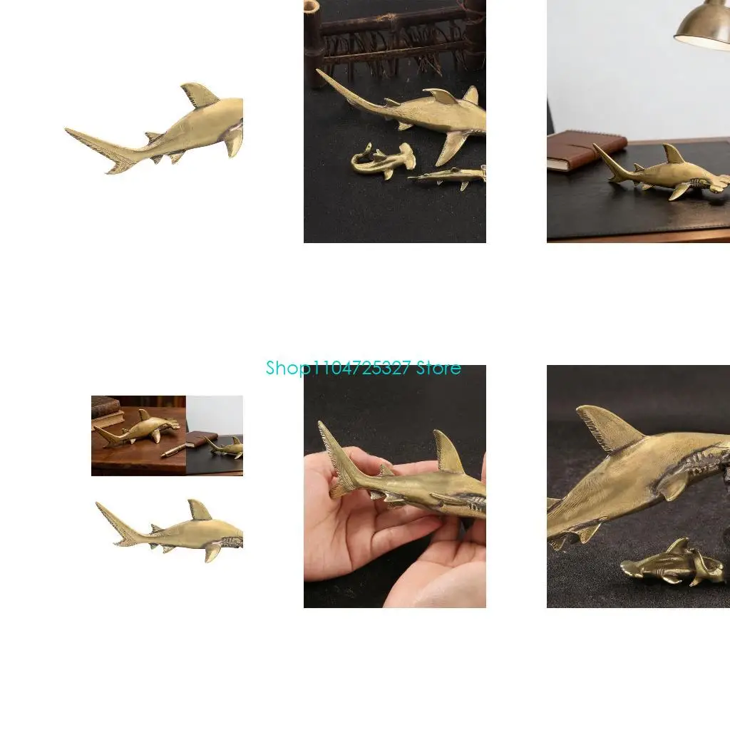 D8KF Decorative Metal Carving Hammer Head Shark Sculpture Antique Brasses Ornament Chinese Fengshuis Collectors Home Accent