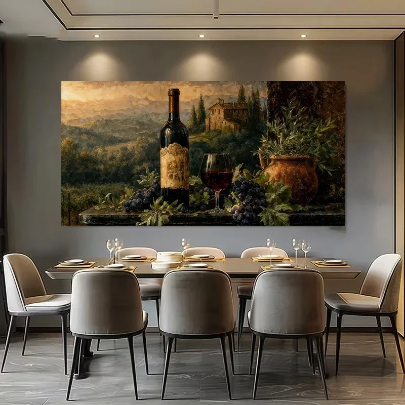 Multiple sizes 1pc frameless  Large size Canvas Painting,Tuscan Vineyard Scenery Red Wine Bottle and Glass Poster and Prints Can