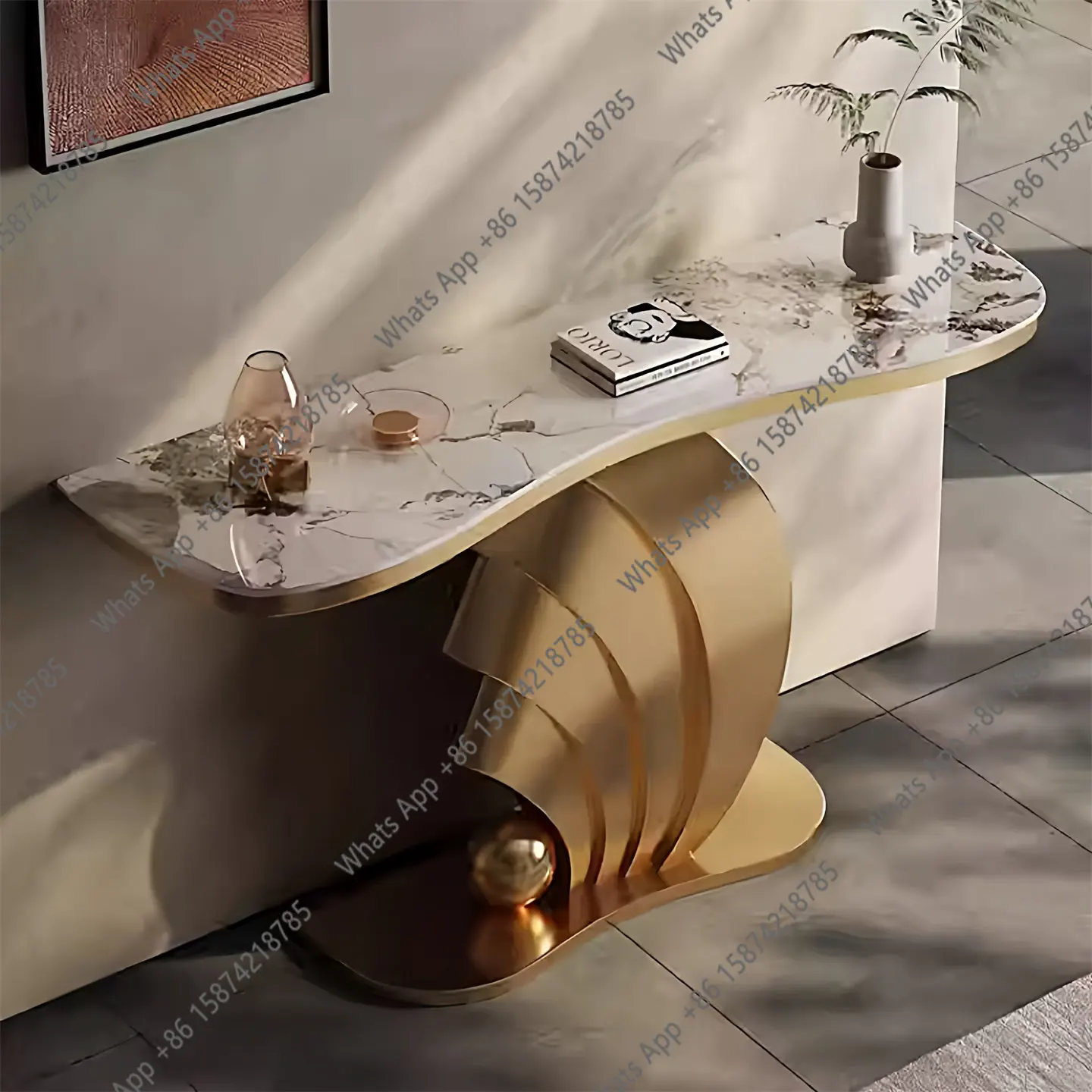 

Italian light luxury entrance table rock slab entrance platform modern stainless steel art corridor end view platform