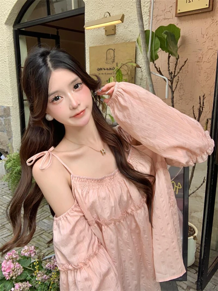 Blouses Women Kawaii Girlish Off-shoulder Design Strap Clothes Holiday Summer Loose Basics Simple Tender Aesthetic Korean Style