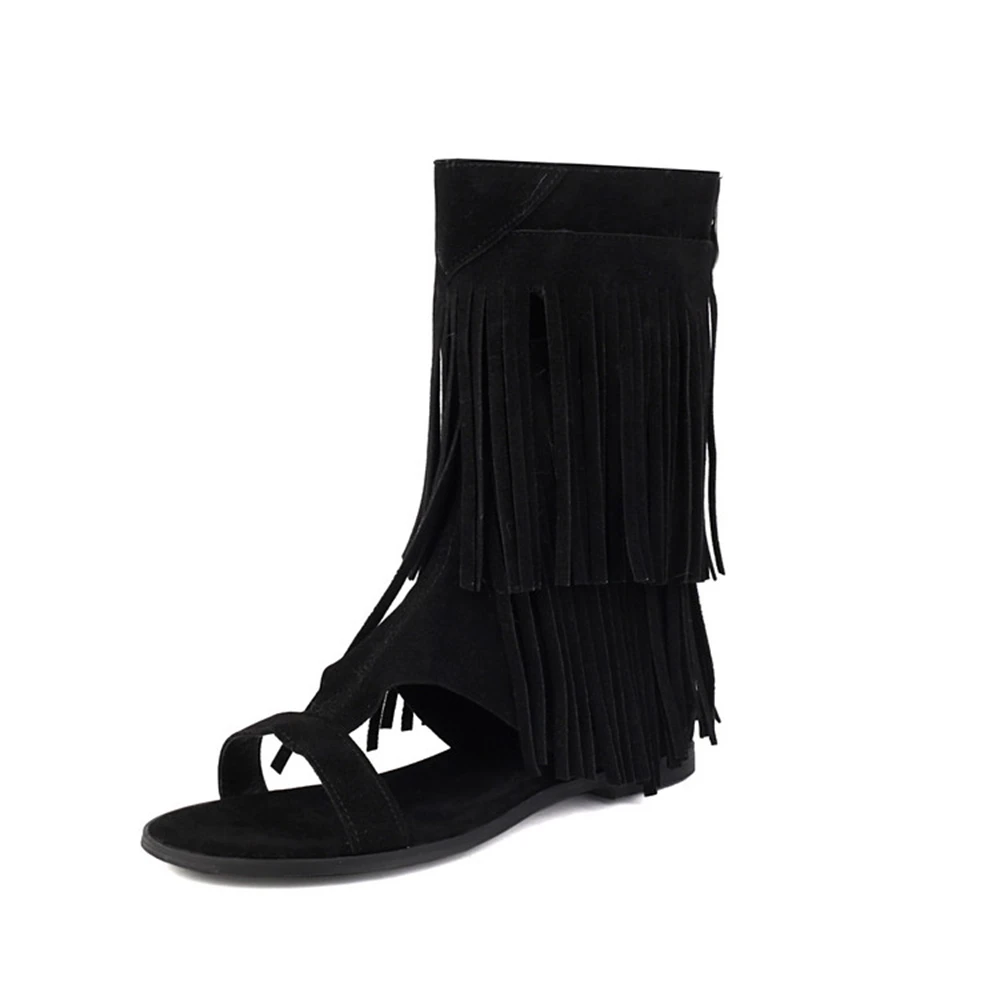 Women's Fringe Gladiator Sandals Back Zipper Open Toe Flat Sandals Brown Black Plus Size 34-50 Bohemian Summer Shoes A05-1