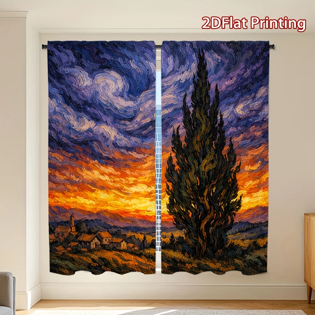 Van Gogh Style Sunset Cypress Rod Pocket Light Filtering Curtains 2 Panel Countryside Landscape Drapes for Living Room Decor