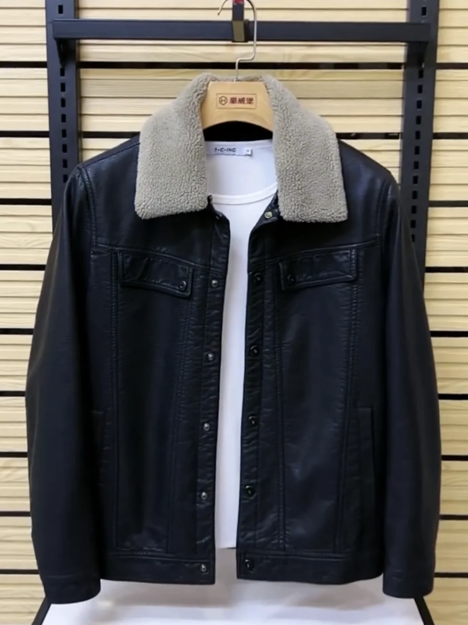 

Men's Faion Urban Sle Fce Lined PU Leather Jaet Detachable Fur Collar Slim Fit Casual Coat Autumn Winter New Arrival