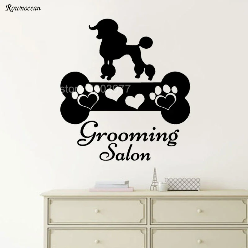 ROWNOCEAN Pet Shop Grooming Salon Decal Cute Paw Heart Print Bone Vinyl Sticker For Pet Shop Poodle Art Mural Decor Z193