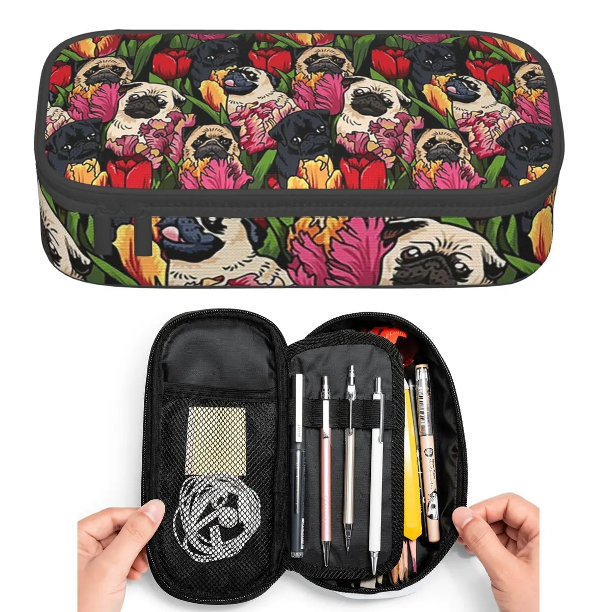 Estojos de lápis Lapdog Pug e Yellow Tulip para estudantes, caixa de lápis, bolsa de lápis com grande capacidade de armazenamento, porta-canetas