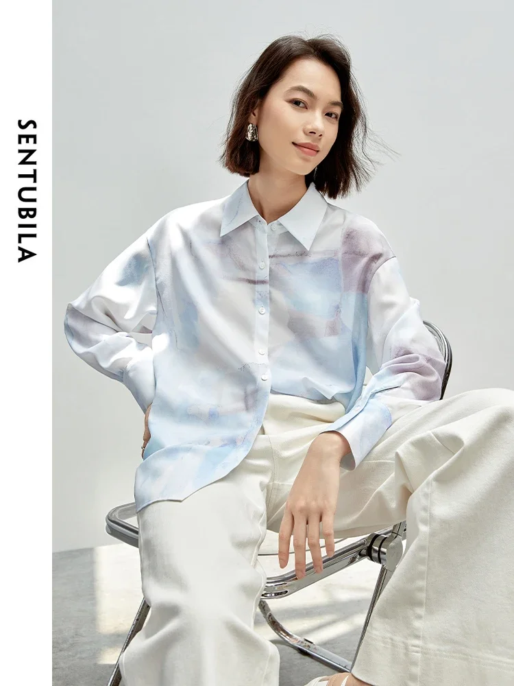 SENTUBILA Art Print Casual Shirt for Women 2024 Autumn Loose Turn-down Collar Long Sleeve Shirts & Blouses Womens Tops 143C56429