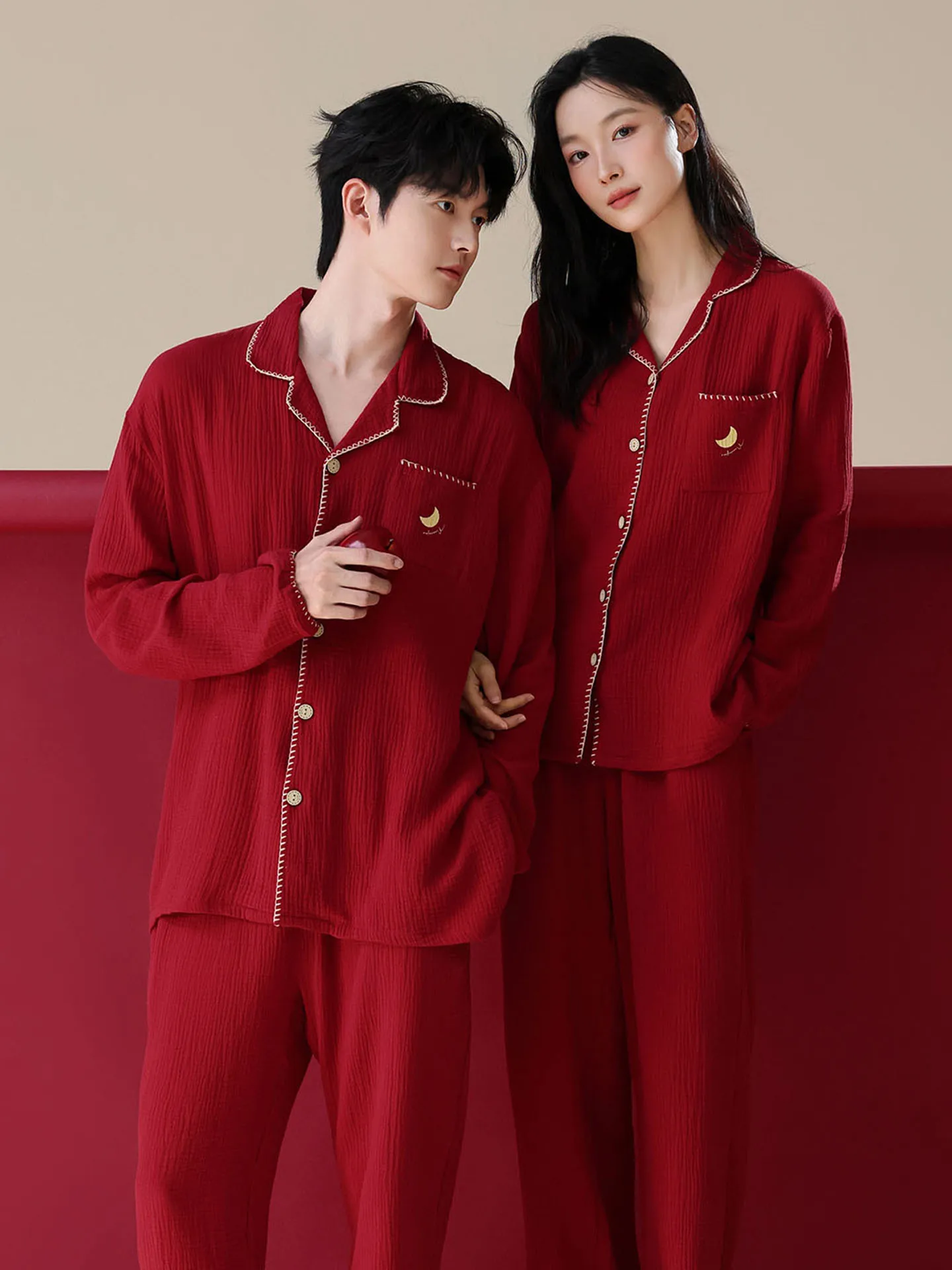 Cotton Pajamas Couples Long Sleeve Home Clothes Set Red Wedding Year of the Chinese Zodiac Men's Pure Cotton Sleepwear
