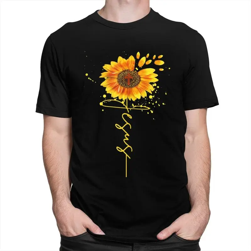 Custom Jesus Sunflower Spiritual Christian Faith Religious T Shirt for Men 100% Cotton Tees Short Sleeve T-shirts Clothing Gift